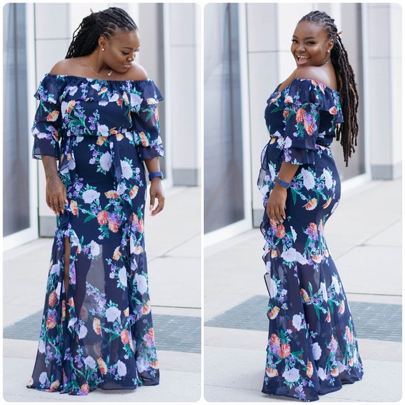 New York &Co Navy Floral Off-Shoulder Ruffled Summer Flowy Fairy Maxi Dress Sz M - Picture 3 of 14
